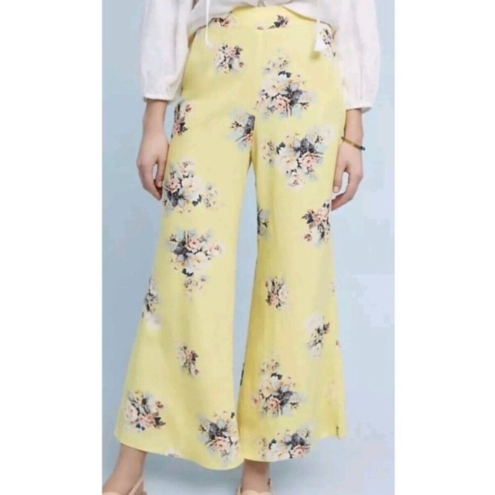 Anthropologie Feather Bone Yellow Floral Wide Leg Cropped Pants Women's 6